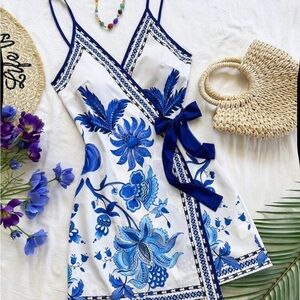 Blue & White Floral Wrap Dress